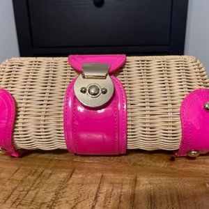 Shein Hot Pink and Straw Clutch with Silver Hardware Detail